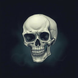 A detailed illustration of a skull set against a dark, ominous background