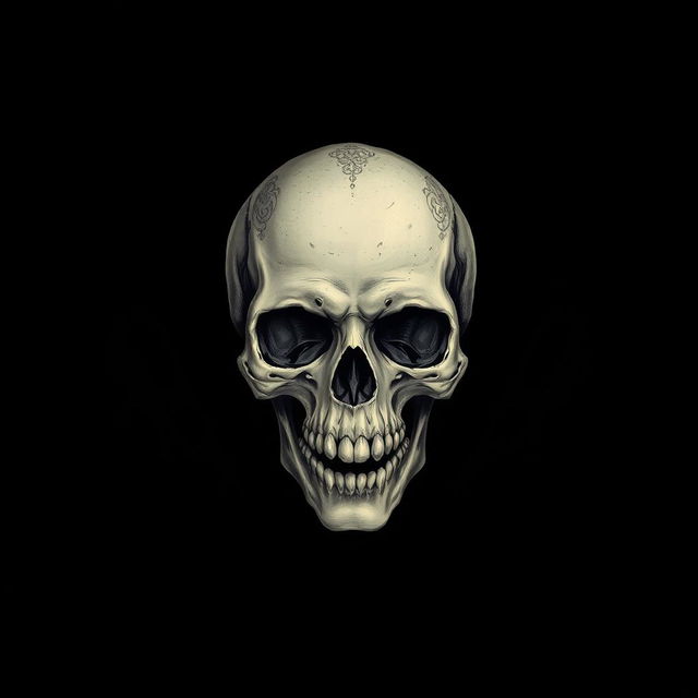 A detailed illustration of a skull set against a dark, ominous background