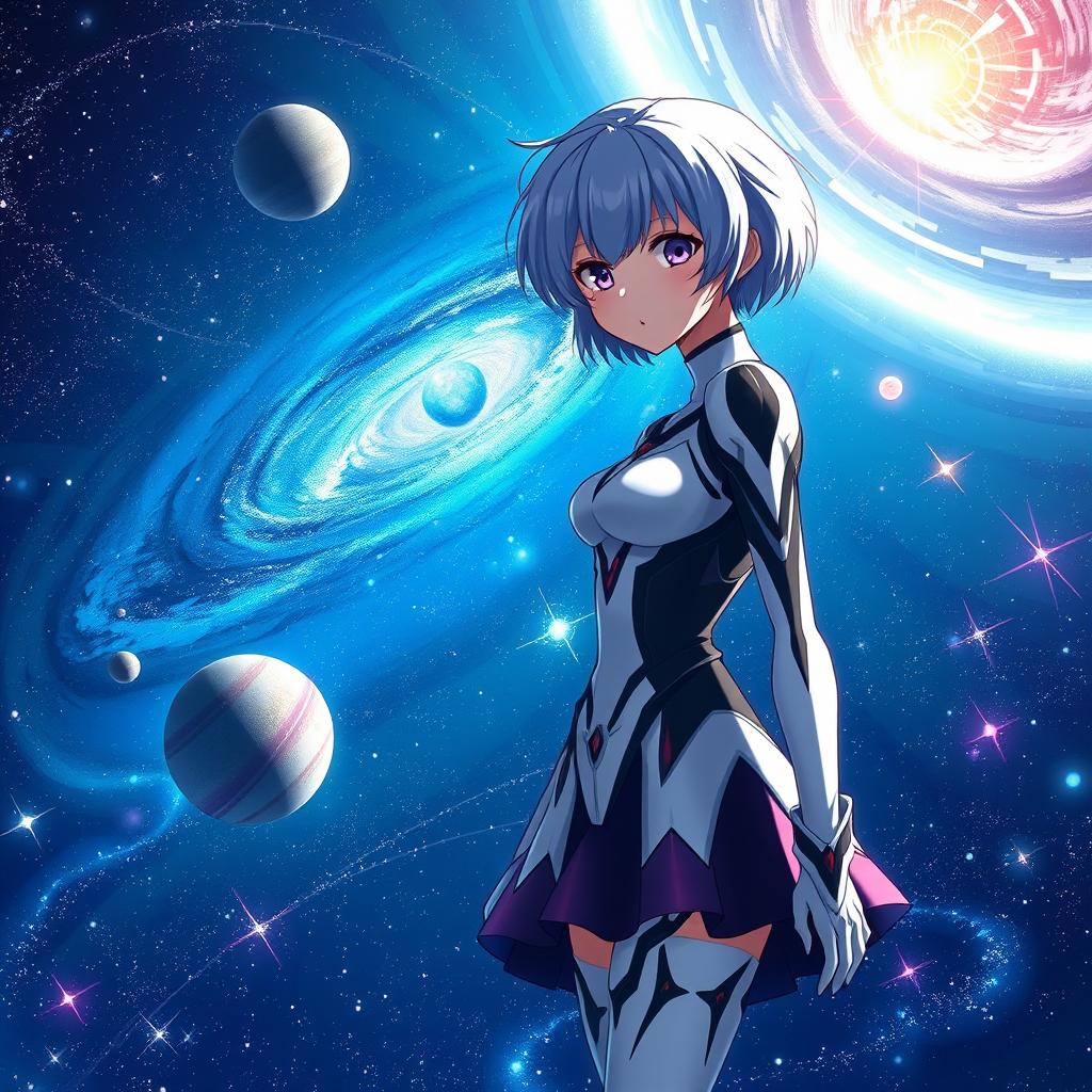 A captivating image of Rei Ayanami from Evangelion, portrayed as a waifu with a universe-themed background