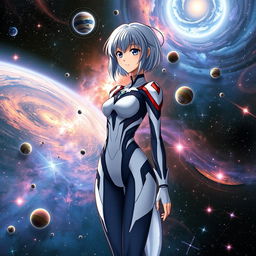 A captivating image of Rei Ayanami from Evangelion, portrayed as a waifu with a universe-themed background