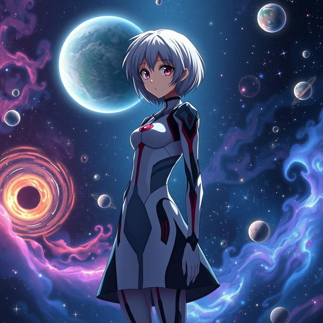 A captivating image of Rei Ayanami from Evangelion, portrayed as a waifu with a universe-themed background