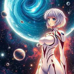 A captivating image of Rei Ayanami from Evangelion, portrayed as a waifu with a universe-themed background