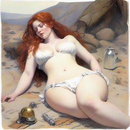 A full-body depiction of a voluptuous, red-haired, fair-skinned warrior woman in white bikini armor