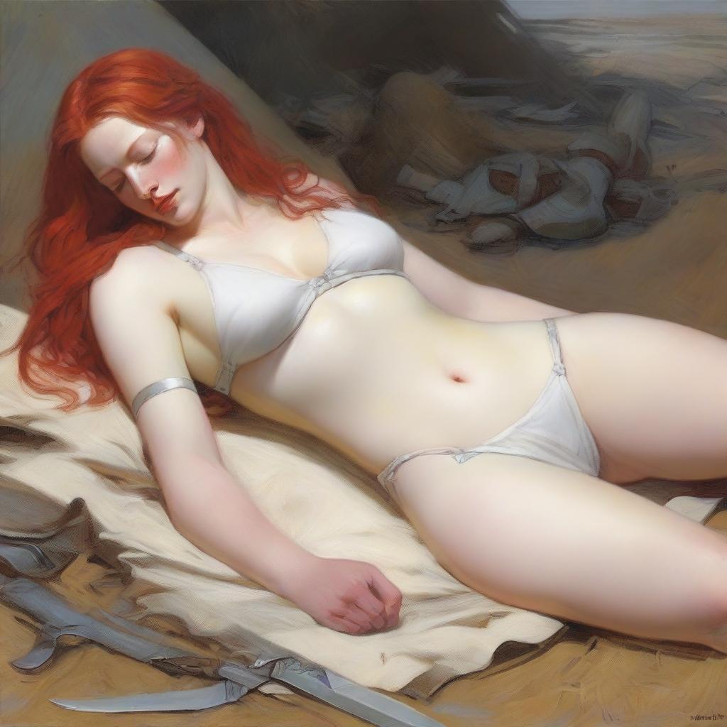 A full-body depiction of a voluptuous, red-haired, fair-skinned warrior woman in white bikini armor