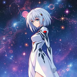 A mesmerizing illustration of Rei Ayanami from Evangelion, set against a galactic backdrop