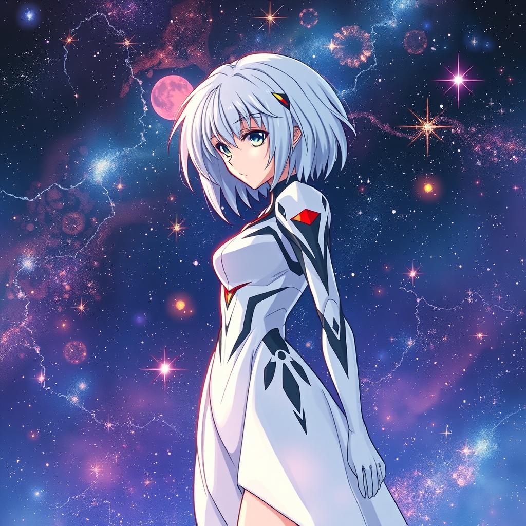 A mesmerizing illustration of Rei Ayanami from Evangelion, set against a galactic backdrop