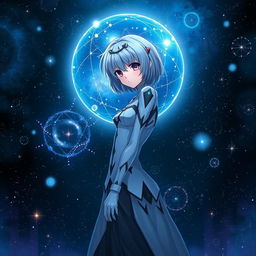 A mesmerizing illustration of Rei Ayanami from Evangelion, set against a galactic backdrop