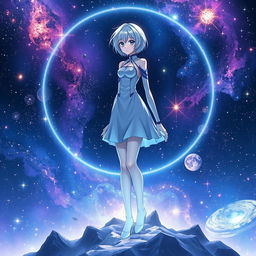 A mesmerizing illustration of Rei Ayanami from Evangelion, set against a galactic backdrop