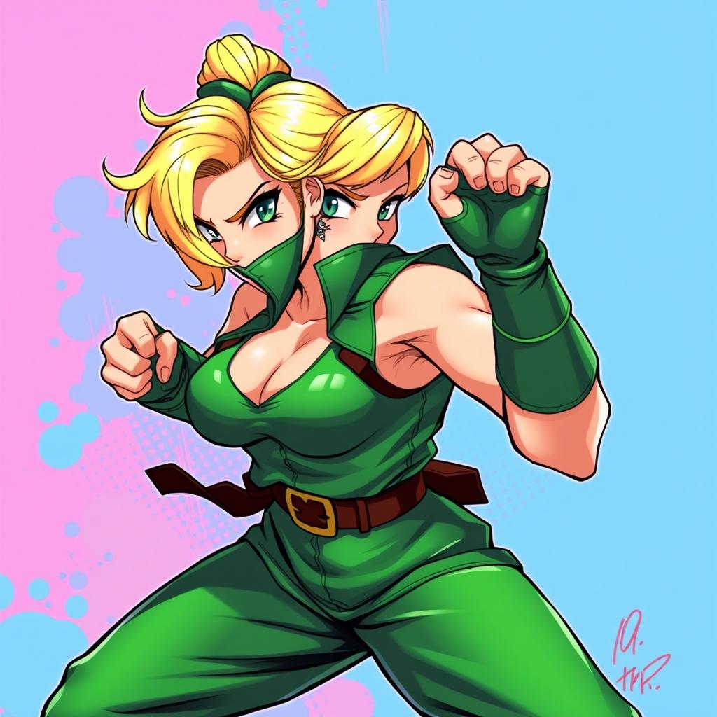 A dynamic illustration of Cammy from Street Fighter, showcasing her in a powerful and action-packed pose