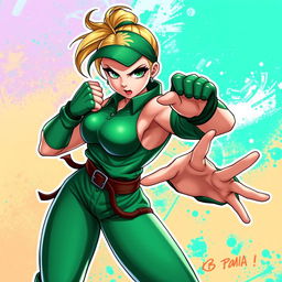 A dynamic illustration of Cammy from Street Fighter, showcasing her in a powerful and action-packed pose