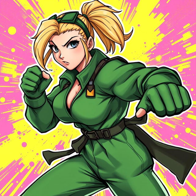 A dynamic illustration of Cammy from Street Fighter, showcasing her in a powerful and action-packed pose