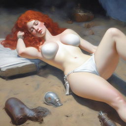 A full-body depiction of a buxom, red-haired, fair-skinned warrior woman in white bikini armor