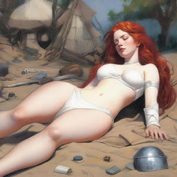 A full-body depiction of a buxom, red-haired, fair-skinned warrior woman in white bikini armor