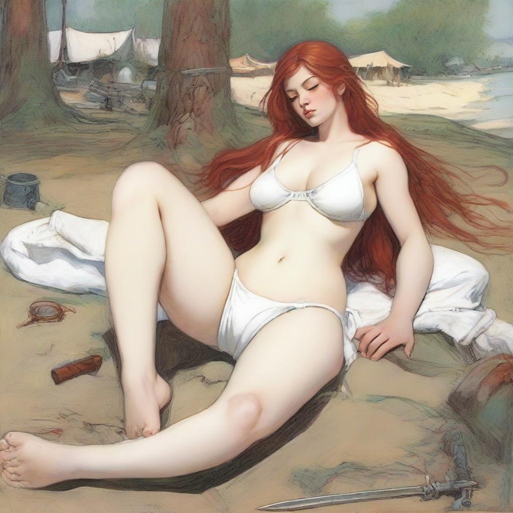 A full-body depiction of a buxom, red-haired, fair-skinned warrior woman in white bikini armor