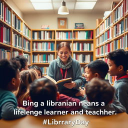 An inspiring scene of a librarian in a cozy, well-lit library, surrounded by shelves filled with books