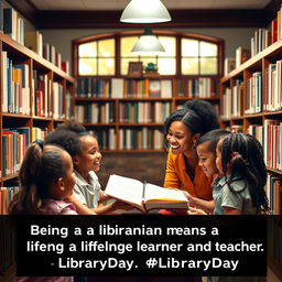 An inspiring scene of a librarian in a cozy, well-lit library, surrounded by shelves filled with books