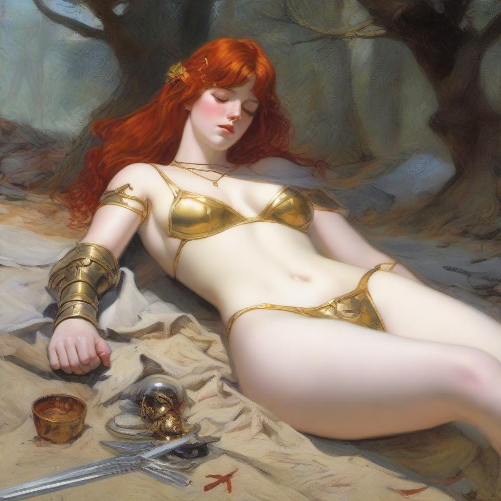 A full-body depiction of a buxom, red-haired, fair-skinned warrior woman in white and gold bikini armor