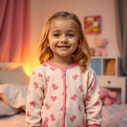 A young girl wearing snug pajamas, standing in a cozy bedroom