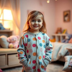 A young girl wearing snug pajamas, standing in a cozy bedroom