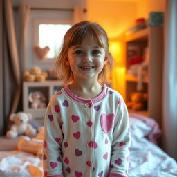 A young girl wearing snug pajamas, standing in a cozy bedroom