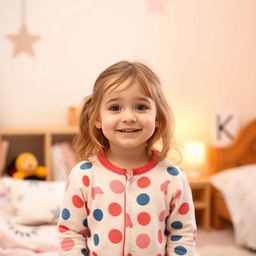 A young girl wearing snug pajamas, standing in a cozy bedroom