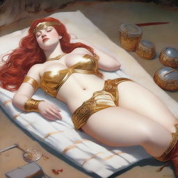 A full-body depiction of a buxom, red-haired, fair-skinned warrior woman in white and gold bikini armor