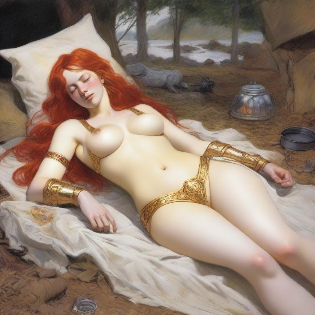 A full-body depiction of a buxom, red-haired, fair-skinned warrior woman in white and gold bikini armor