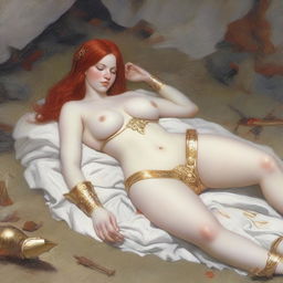 A full-body depiction of a buxom, red-haired, fair-skinned warrior woman in white bikini armor with gold trim