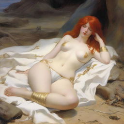 A full-body depiction of a buxom, red-haired, fair-skinned warrior woman in white bikini armor with gold trim