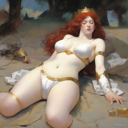 A full-body depiction of a buxom, red-haired, fair-skinned warrior woman in white bikini armor with gold trim