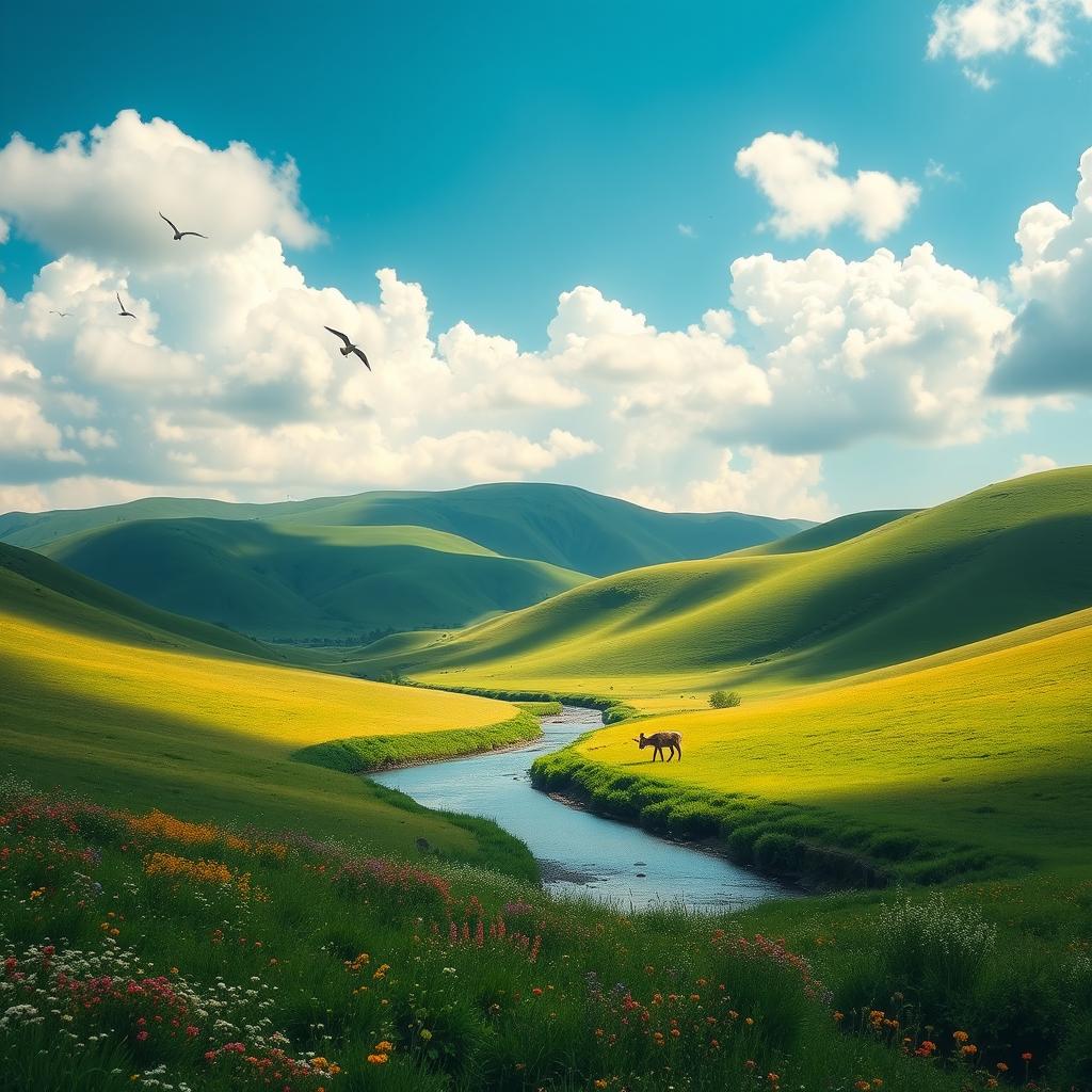 A serene landscape with rolling green hills under a bright blue sky, dotted with fluffy white clouds