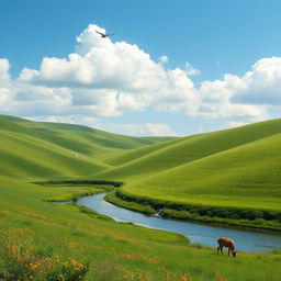 A serene landscape with rolling green hills under a bright blue sky, dotted with fluffy white clouds