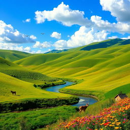 A serene landscape with rolling green hills under a bright blue sky, dotted with fluffy white clouds