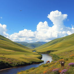 A serene landscape with rolling green hills under a bright blue sky, dotted with fluffy white clouds