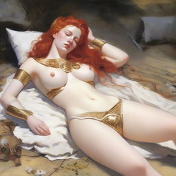 A full-body depiction of a buxom, red-haired, fair-skinned warrior woman in white bikini armor with gold trim