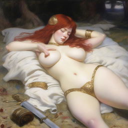 A full-body depiction of a buxom, red-haired, fair-skinned warrior woman in white bikini armor with gold trim