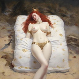 A full-body depiction of a buxom, red-haired, fair-skinned warrior woman in white bikini armor with gold trim