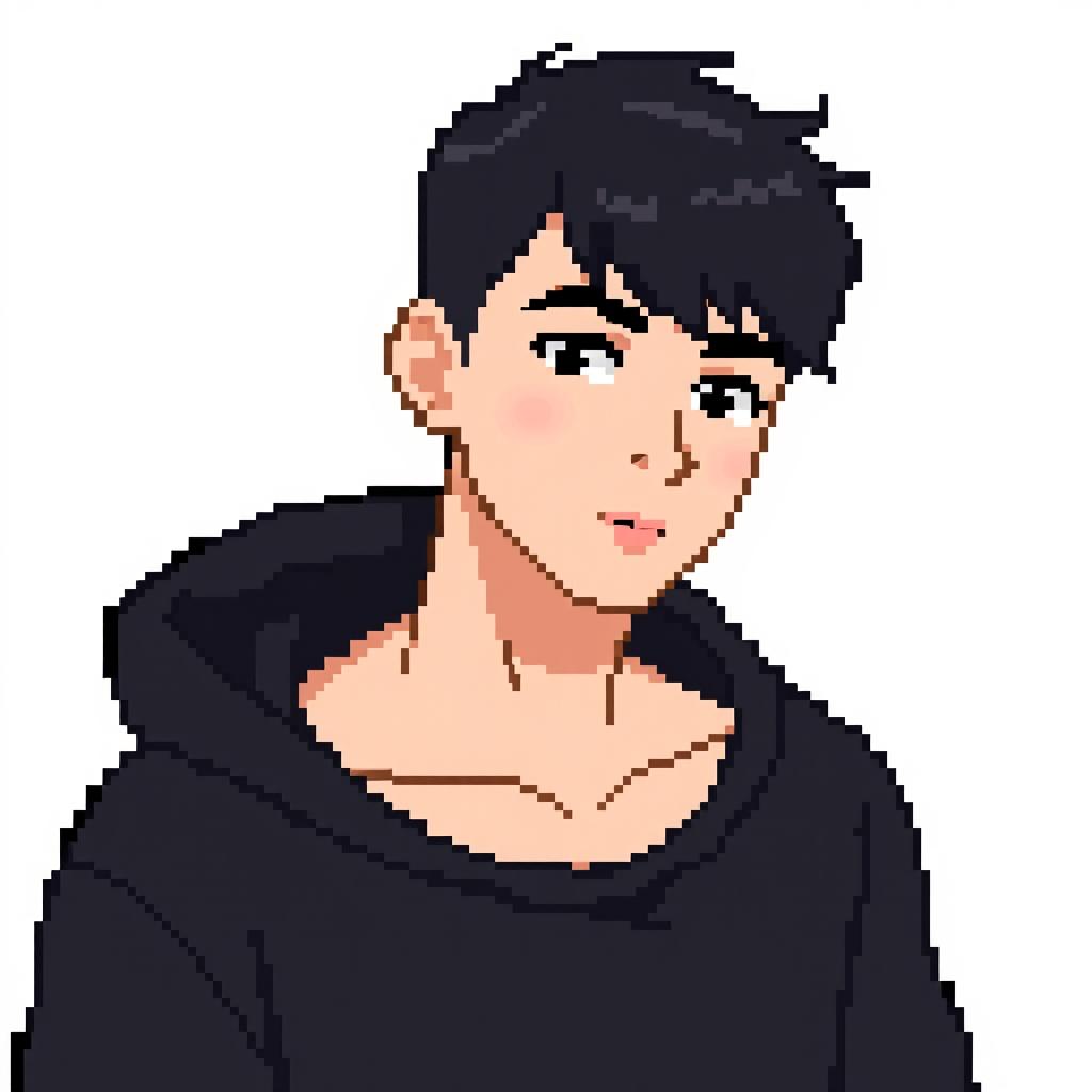 A person wearing a black sweatshirt depicted in pixel art style