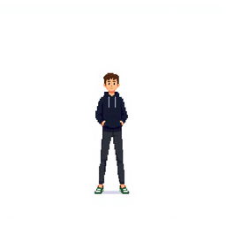 Create a pixel art image of a person wearing a black sweatshirt