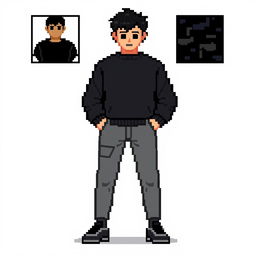 Create a pixel art image of a person wearing a black sweatshirt