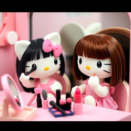 Two Hello Kitty dolls applying makeup, one with straight black hair and the other with brown hair and bangs