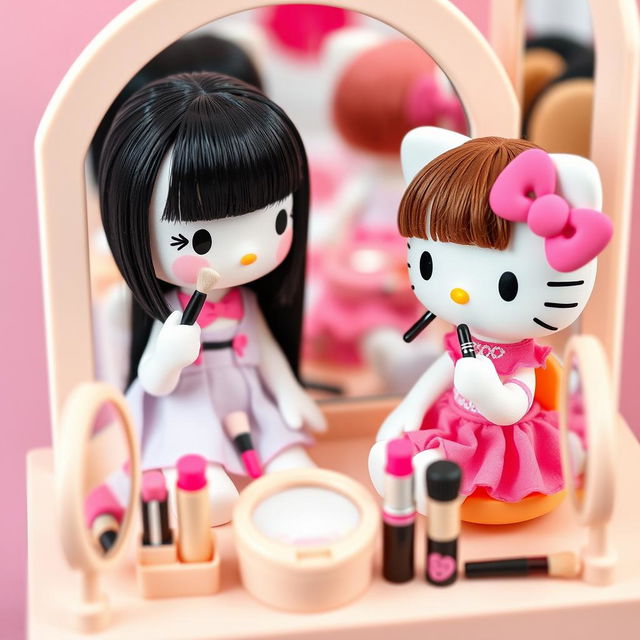 Two Hello Kitty dolls applying makeup, one with straight black hair and the other with brown hair and bangs