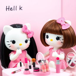 Two Hello Kitty dolls applying makeup, one with straight black hair and the other with brown hair and bangs