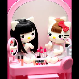 Two Hello Kitty dolls applying makeup, one with straight black hair and the other with brown hair and bangs