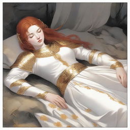 A full-body depiction of a buxom, red-haired, fair-skinned warrior woman in white armor with gold trim and an open gown design