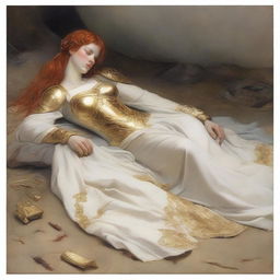 A full-body depiction of a buxom, red-haired, fair-skinned warrior woman in white armor with gold trim and an open gown design