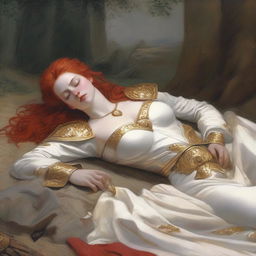 A full-body depiction of a buxom, red-haired, fair-skinned warrior woman in white armor with gold trim and an open gown design