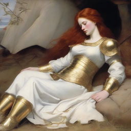 A full-body depiction of a buxom, red-haired, fair-skinned warrior woman in white armor with gold trim and an open gown design