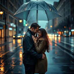 A romantic scene of a couple standing under an umbrella in the rain