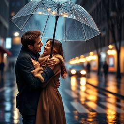 A romantic scene of a couple standing under an umbrella in the rain